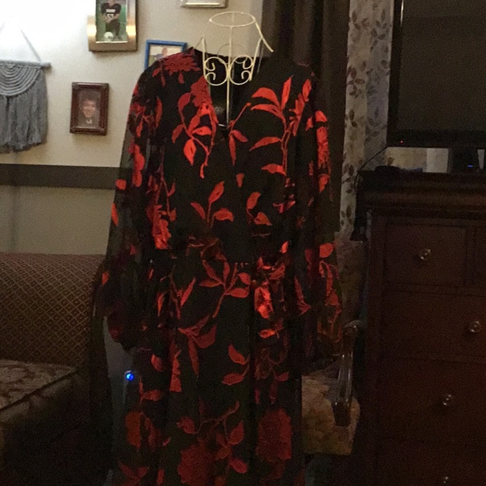 Lane Bryant Black and Red Floral Long Sleeve Dress